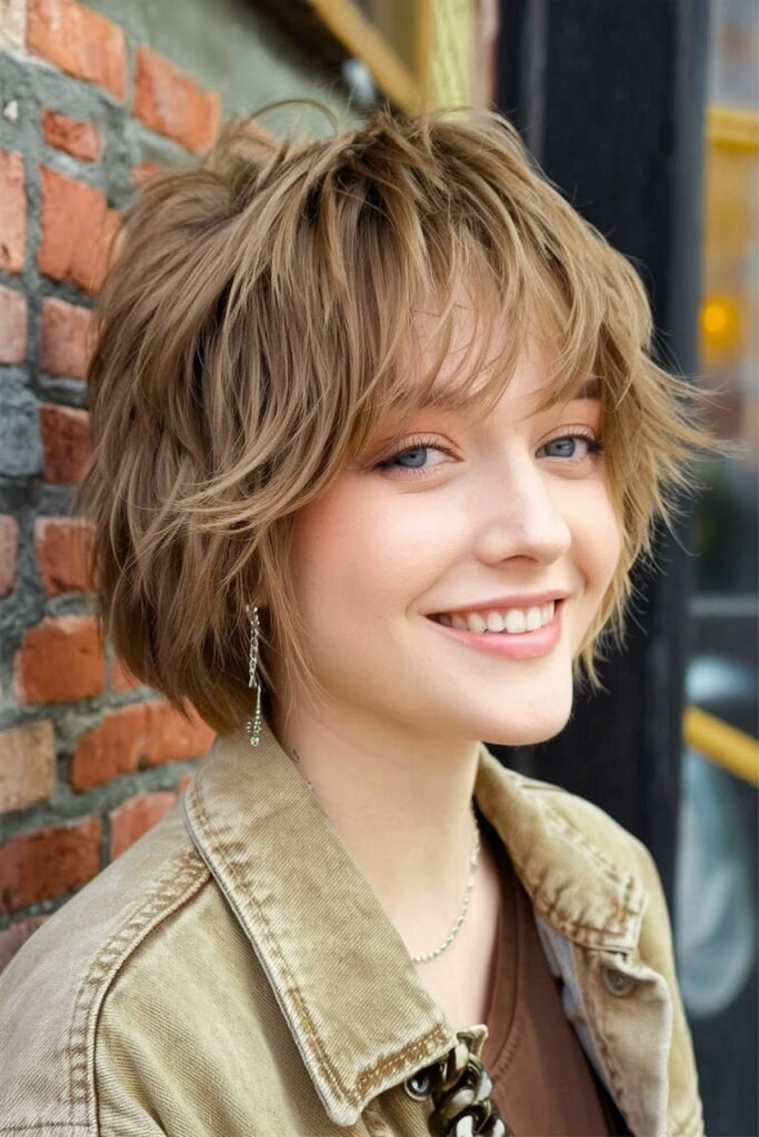 Warm Light Brown Choppy Bob with Textured Fringe