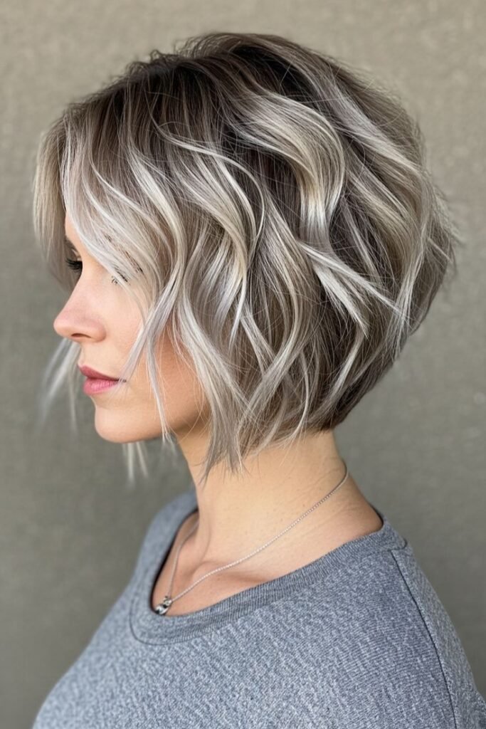 Wavy Ash Blonde and Silver Dimensional Bob