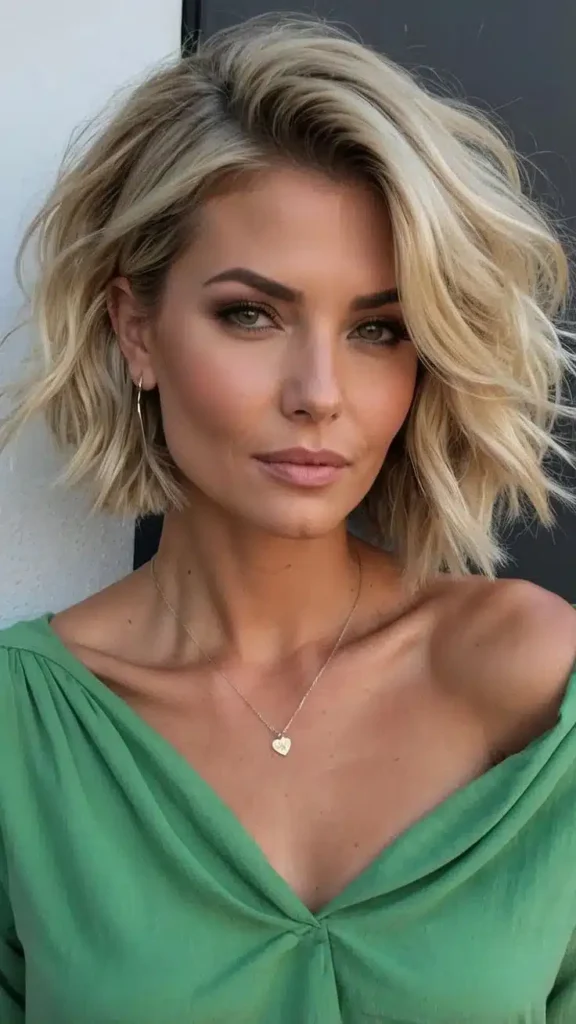 Wavy Blonde Bob with Face-Framing Layers and Green Top