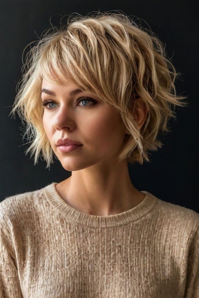 Wavy Blonde Choppy Bob with Side-Swept Bangs