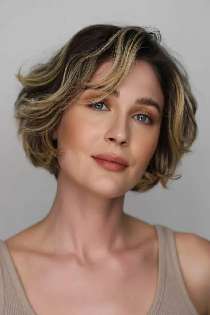 Wavy Blonde-Highlighted Bob with Side-Swept Bangs