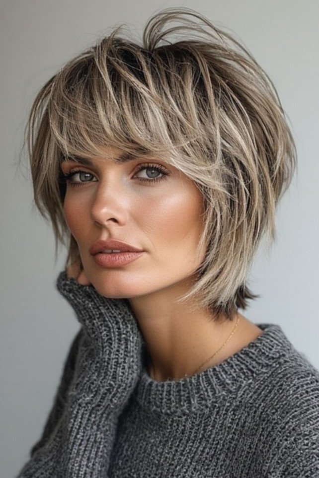 Wavy Blonde Shaggy Bob with Soft Side Bangs
