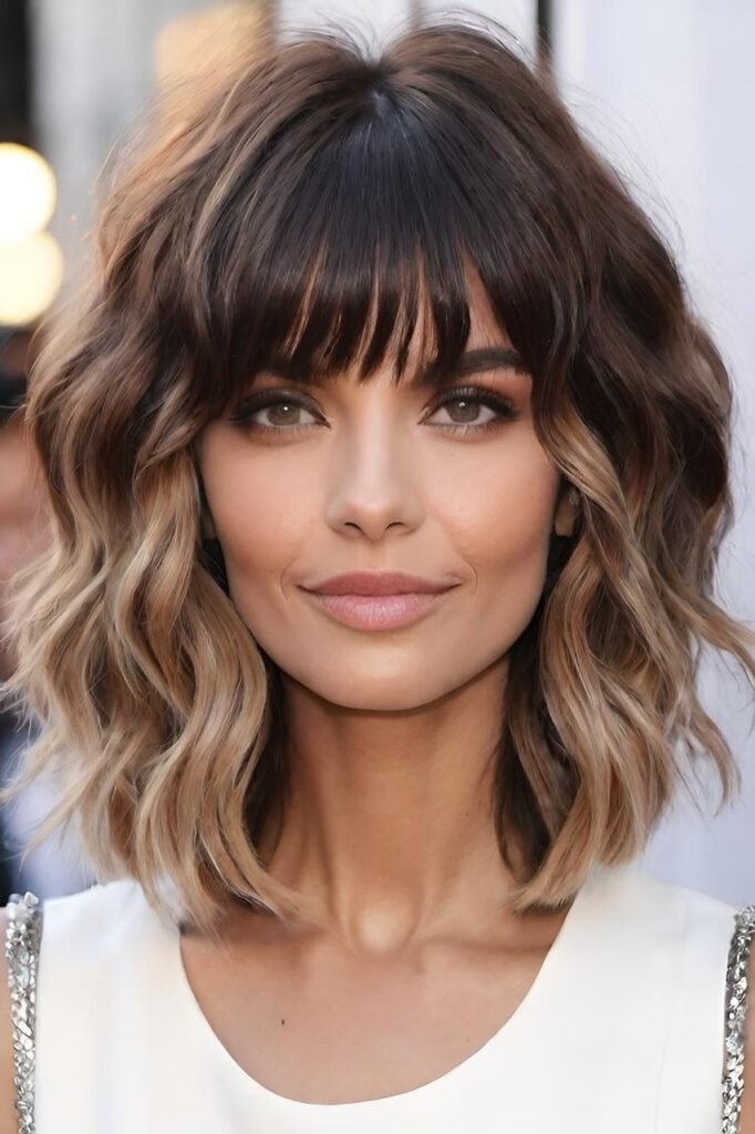 Wavy Bob with Blunt Bangs and Ombre Highlights