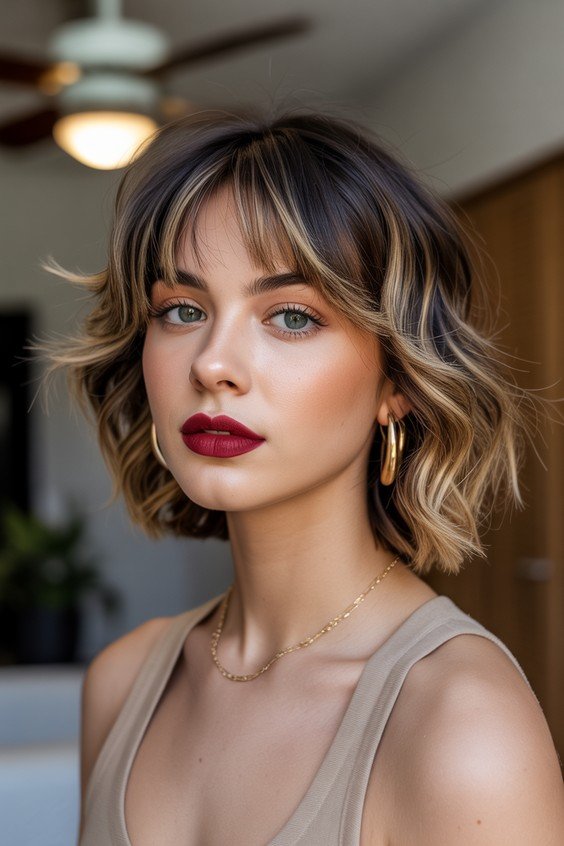 Wavy Bob with Face-Framing Highlights and Bangs