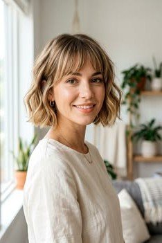 Wavy Bob with Soft Curtain Bangs
