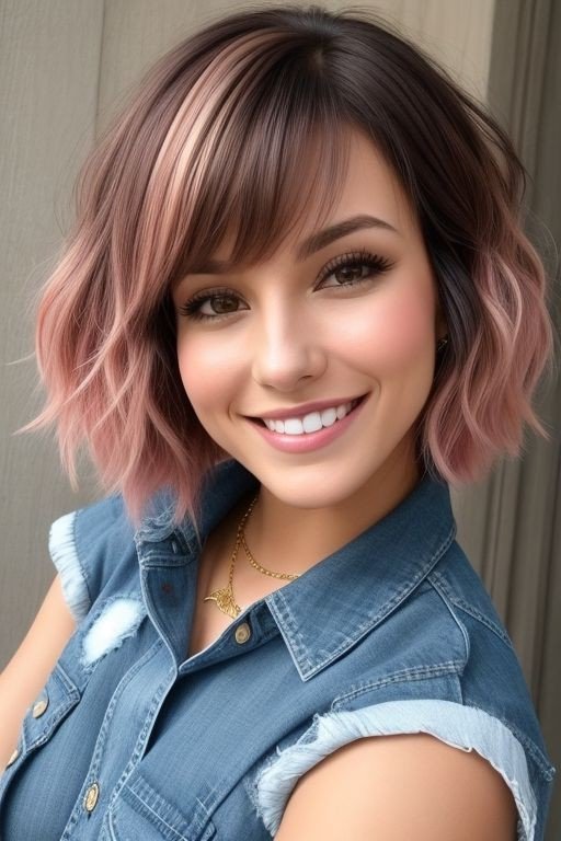 Wavy Bob with Soft Pink Ombre and Side Bangs