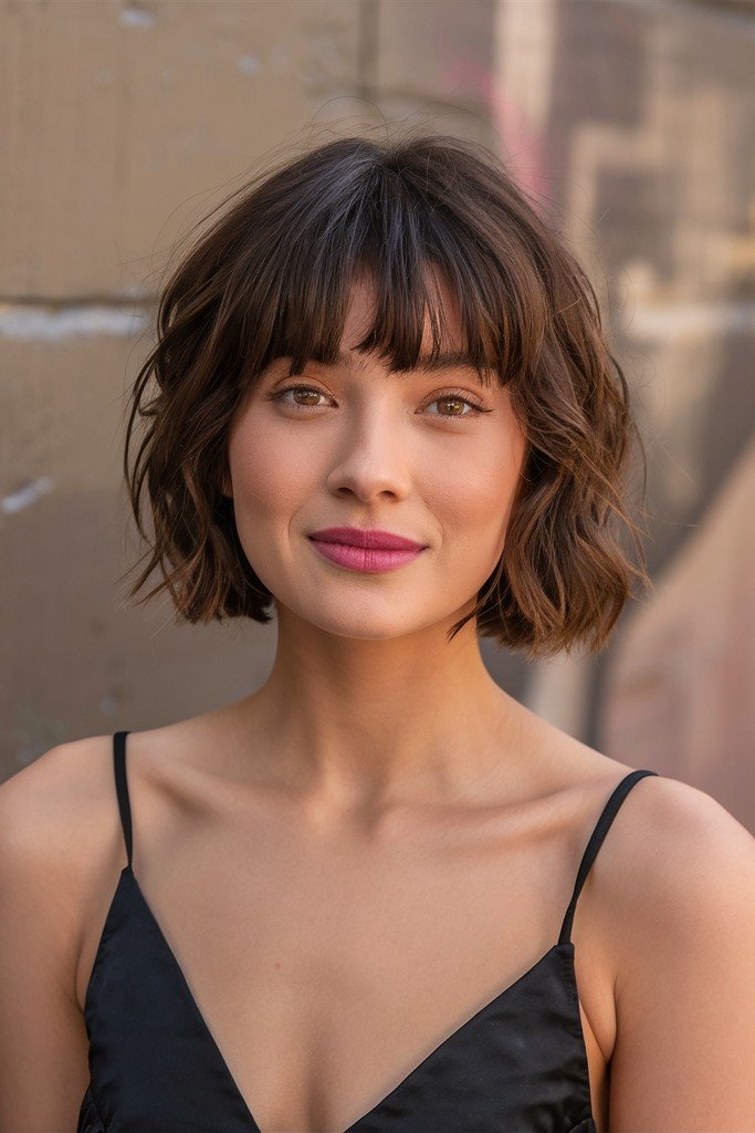 Wavy Brown Bob with Soft Fringe
