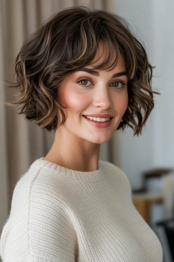 Wavy Brown Bob with Subtle Highlights and Soft Side-Swept Bangs