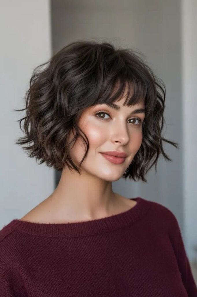 Wavy Dark Bob with Soft Bangs