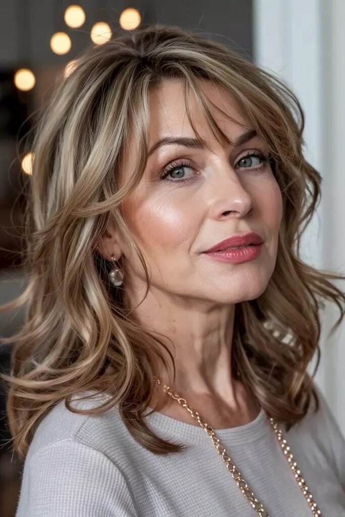 Wavy Layered Bob with Blonde Highlights and Soft Bangs