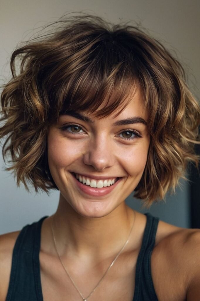 Wavy Layered Brown Bob with Soft Piece-y Bangs