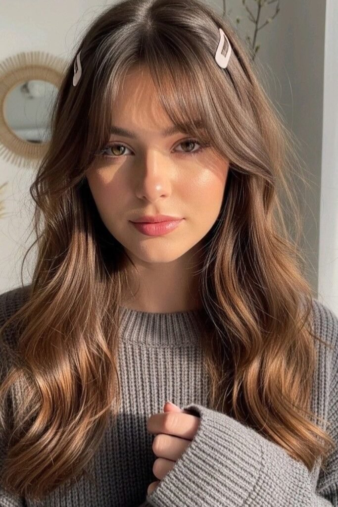 Wavy Long Hair with Side Hair Clips and Bangs