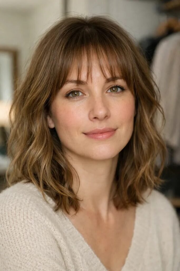 Wavy Shoulder-Length Bob with Bangs