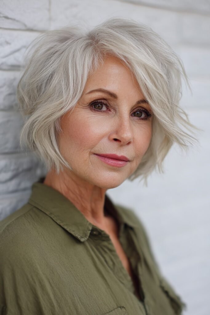 Wavy Silver-White Bob with Side Part