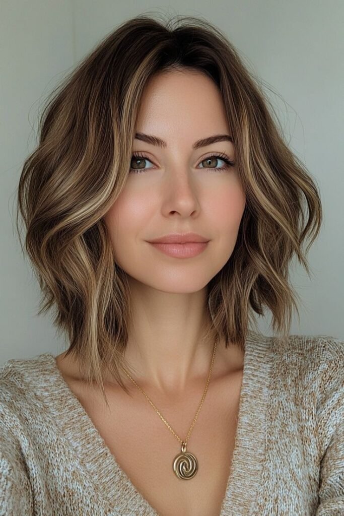 Wavy Textured Bob with Golden Blonde Highlights