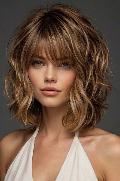 Wavy Textured Bob with Wispy Bangs