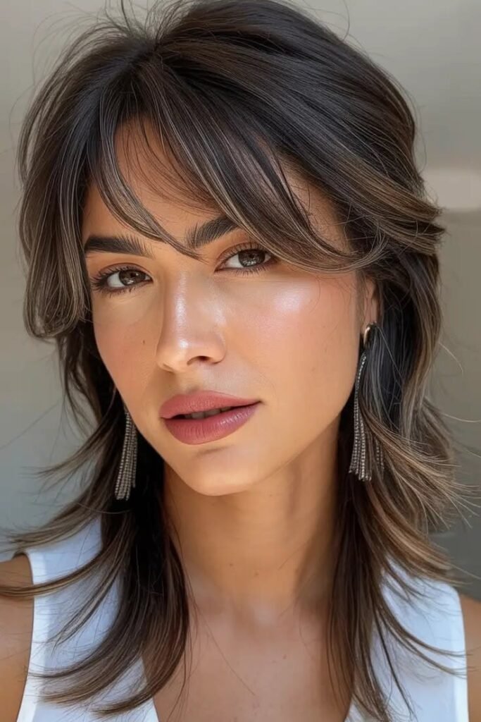 Wolf Medium Layered Hair with Highlights and Curtain Bangs